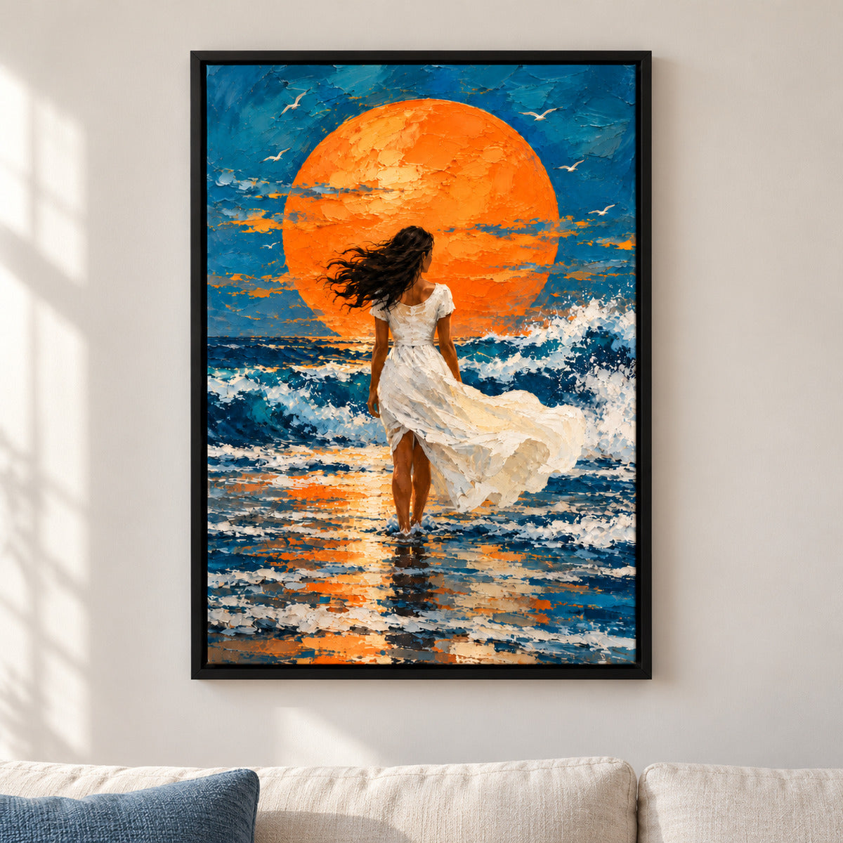 White Dress Woman Orange Sun Seascape — Black Frame room scene | AUSJOJO