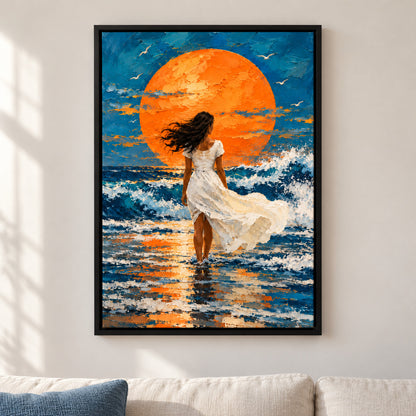White Dress Woman Orange Sun Seascape — Black Frame room scene | AUSJOJO
