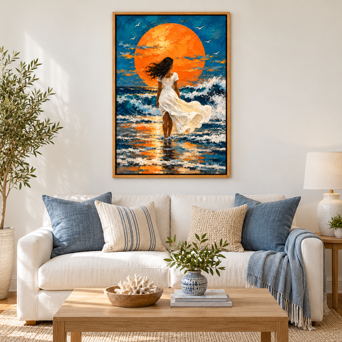 White Dress Woman Orange Sun Seascape — Brown Frame room scene | AUSJOJO