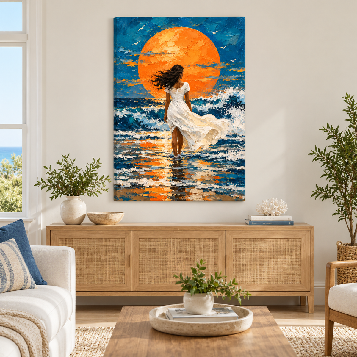 White Dress Woman Orange Sun Seascape — Stretched Canvas room scene | AUSJOJO