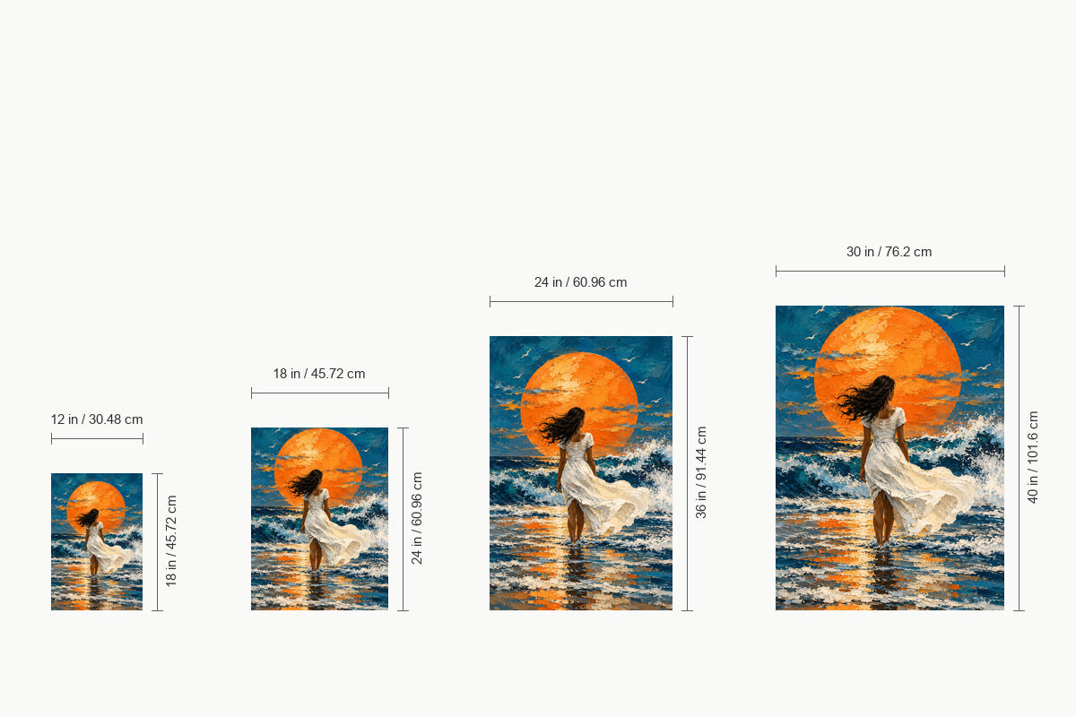 White Dress Woman Orange Sun Seascape — size comparison guide | AUSJOJO