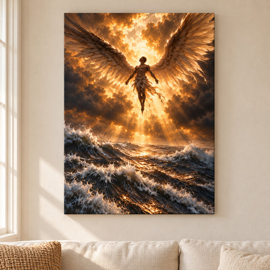 Golden Light Angel over Stormy Sea — framed artwork main view | AUSJOJO