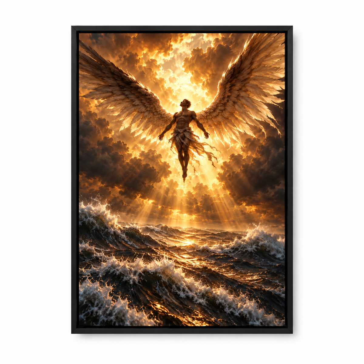 Golden Light Angel over Stormy Sea — Black Frame finish product view | AUSJOJO