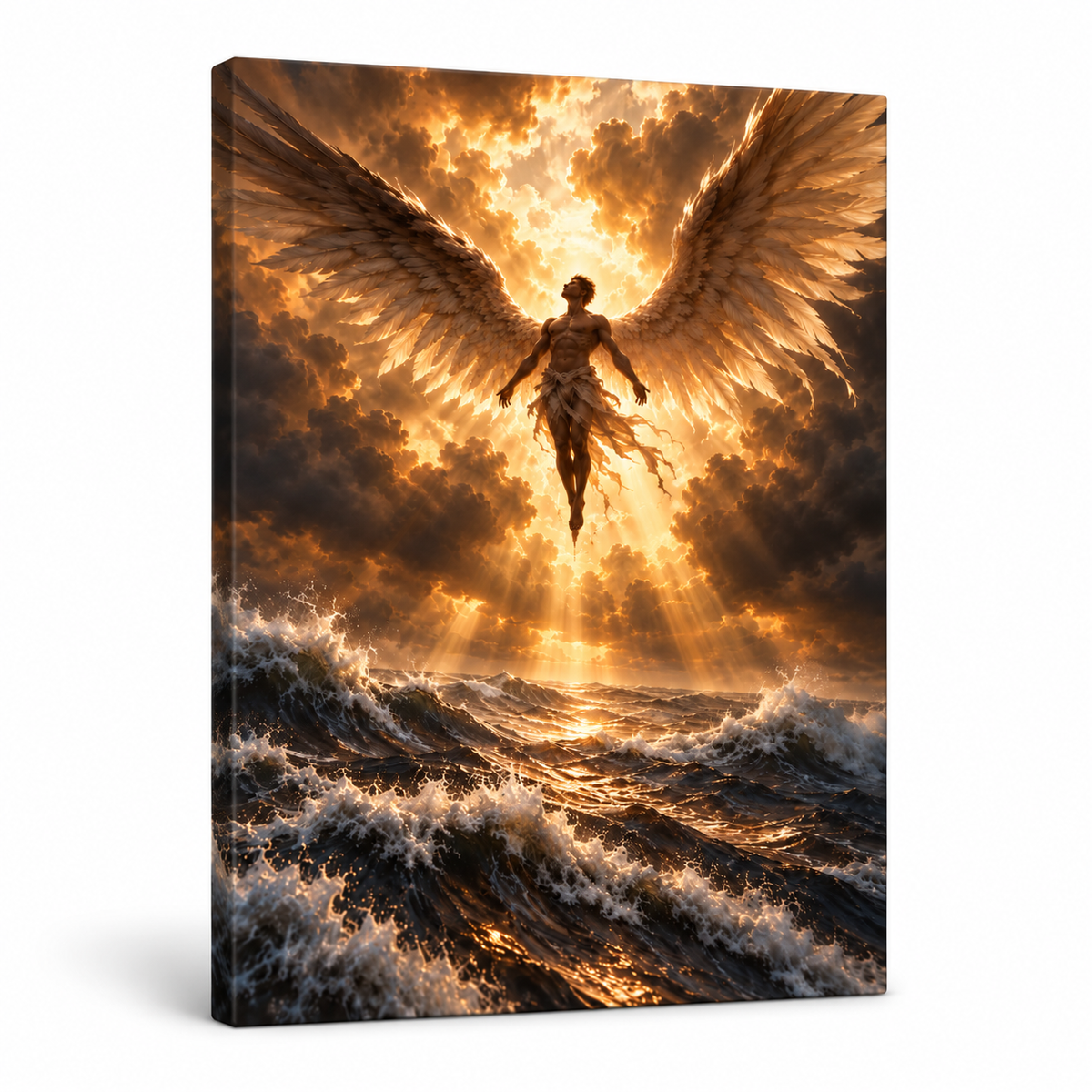 Golden Light Angel over Stormy Sea — Stretched Canvas product view | AUSJOJO