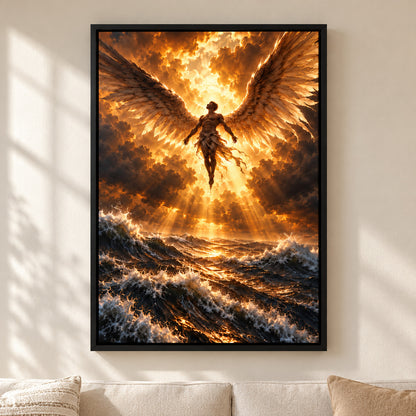Golden Light Angel over Stormy Sea — Black Frame room scene | AUSJOJO