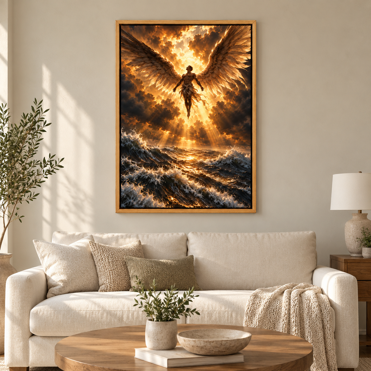 Golden Light Angel over Stormy Sea — Brown Frame room scene | AUSJOJO