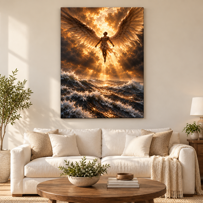 Golden Light Angel over Stormy Sea — Stretched Canvas room scene | AUSJOJO