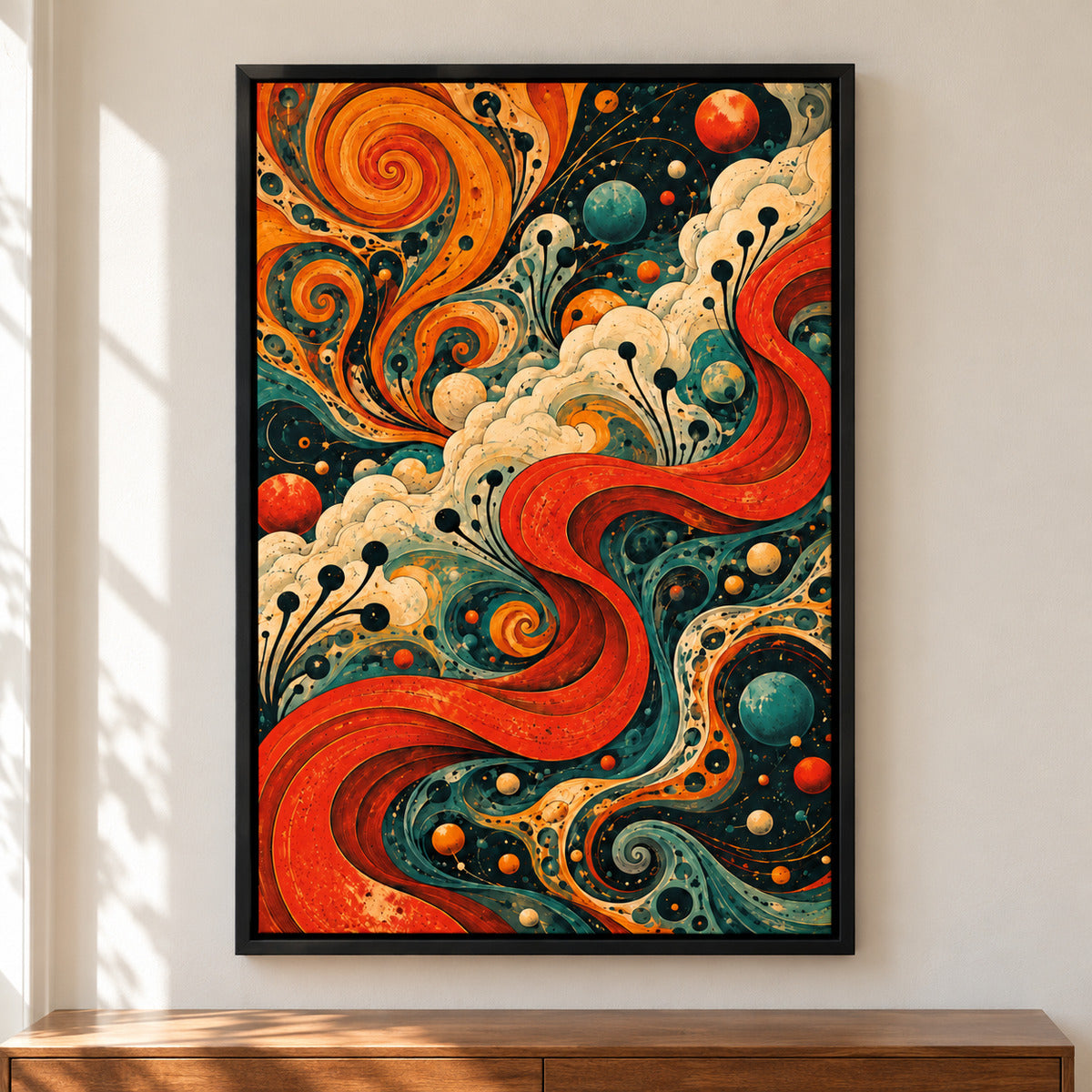 Psychedelic Organic Tendrils Abstract — Black Frame room scene | AUSJOJO