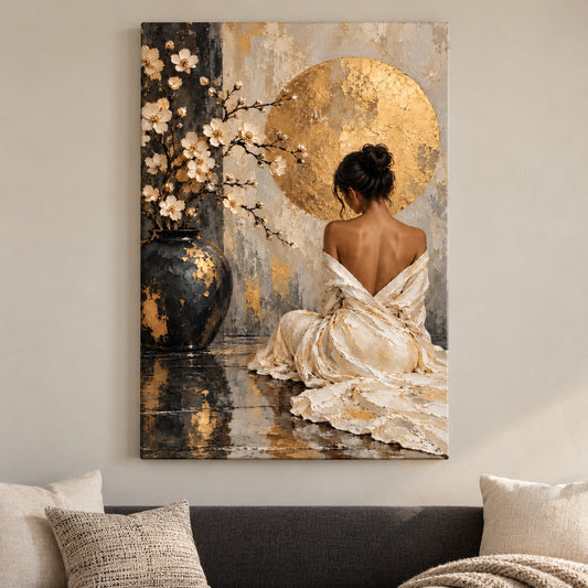 Seated Woman Floral Vase and Gold Disc — framed artwork main view | AUSJOJO