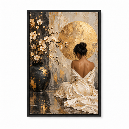 Seated Woman Floral Vase and Gold Disc — Black Frame finish product view | AUSJOJO