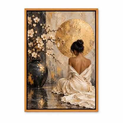 Seated Woman Floral Vase and Gold Disc — Brown Frame finish product view | AUSJOJO