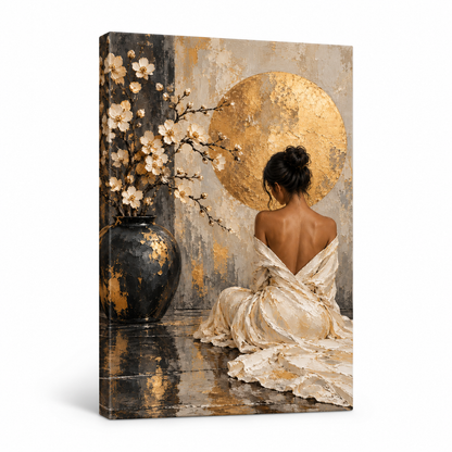 Seated Woman Floral Vase and Gold Disc — Stretched Canvas product view | AUSJOJO