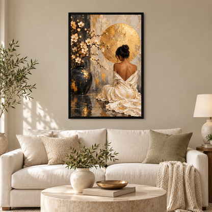 Seated Woman Floral Vase and Gold Disc — Black Frame room scene | AUSJOJO