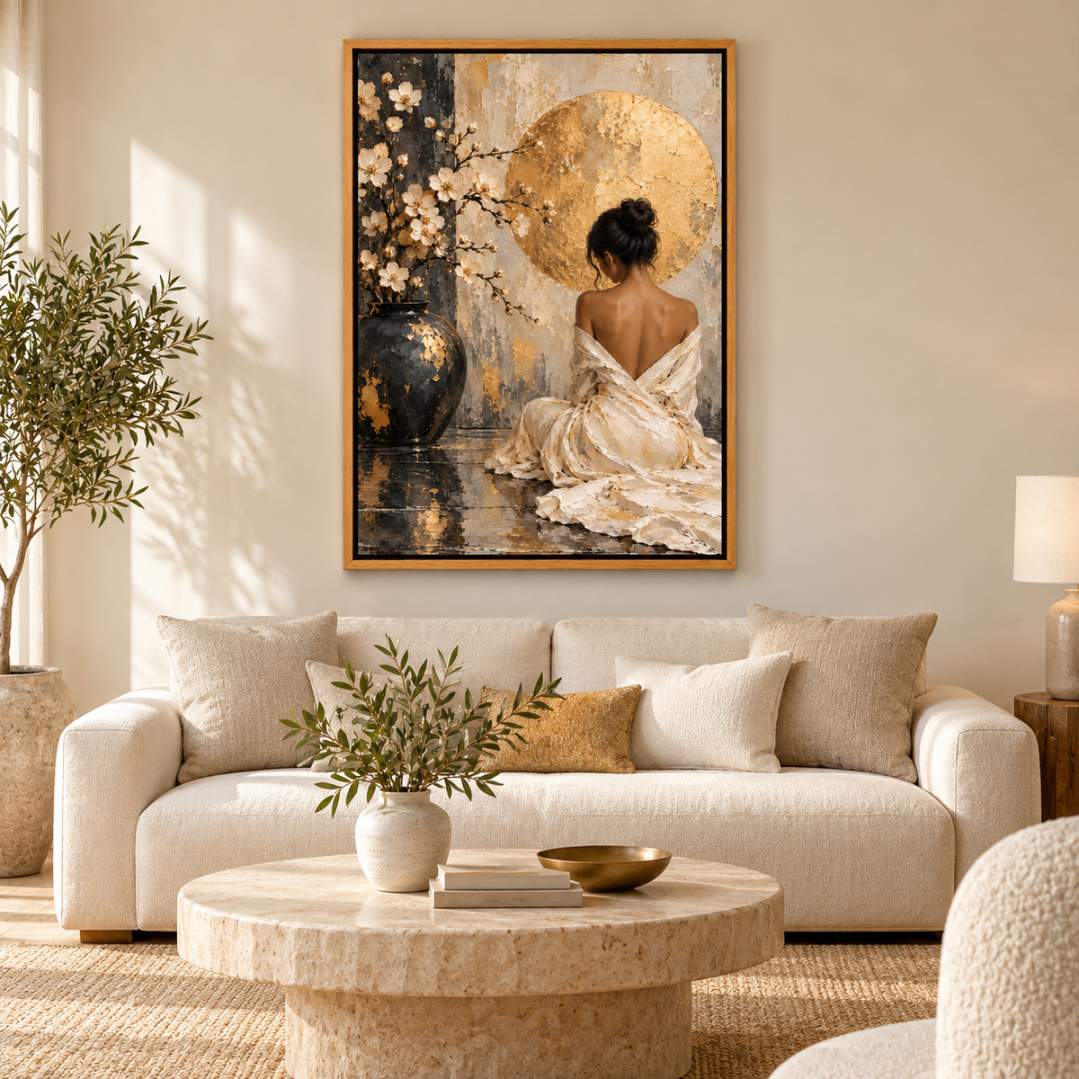 Seated Woman Floral Vase and Gold Disc — Brown Frame room scene | AUSJOJO
