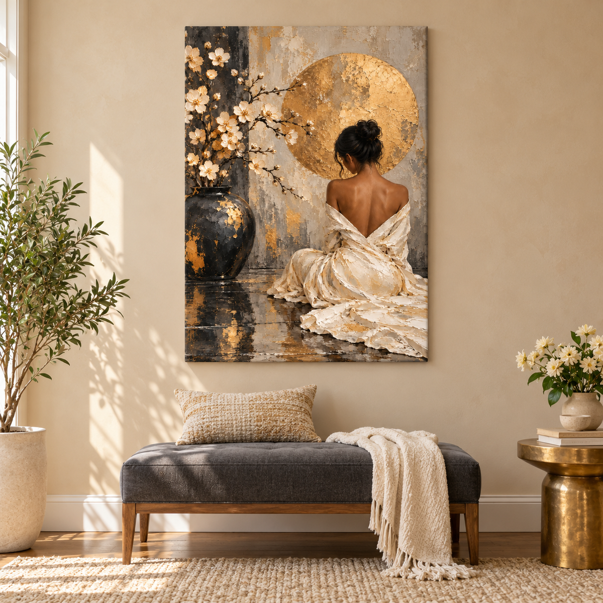 Seated Woman Floral Vase and Gold Disc — Stretched Canvas room scene | AUSJOJO