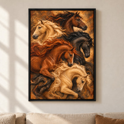 Five Flowing Horses Vintage — Black Frame room scene | AUSJOJO
