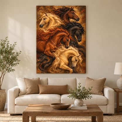 Five Flowing Horses Vintage — Brown Frame room scene | AUSJOJO