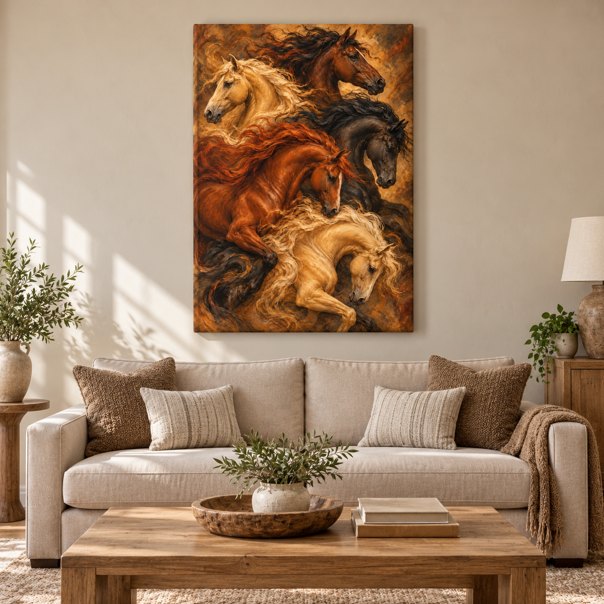 Five Flowing Horses Vintage — Stretched Canvas room scene | AUSJOJO