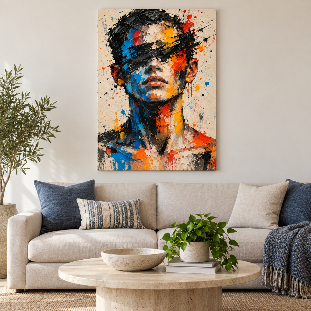 Gestural Color Abstract Portrait — Stretched Canvas room scene | AUSJOJO