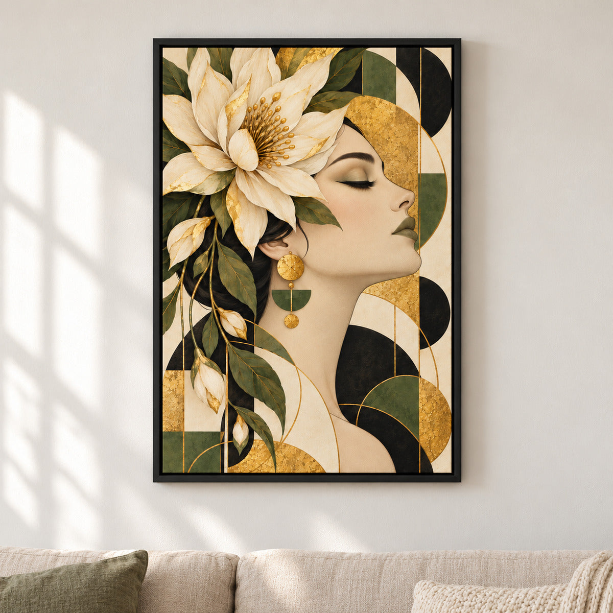 Botanical Geometric Woman Profile — Black Frame room scene | AUSJOJO