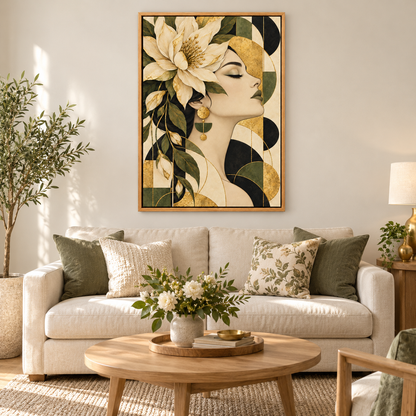 Botanical Geometric Woman Profile — Brown Frame room scene | AUSJOJO