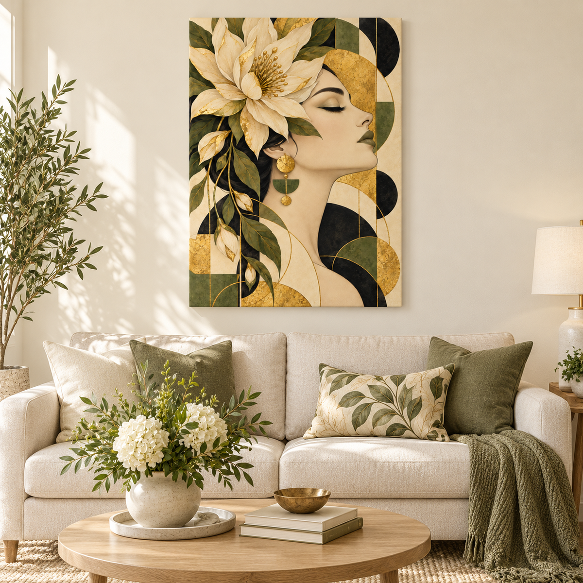 Botanical Geometric Woman Profile — Stretched Canvas room scene | AUSJOJO