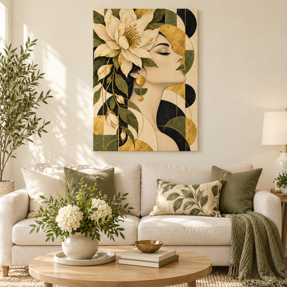 Botanical Geometric Woman Profile — Stretched Canvas room scene | AUSJOJO