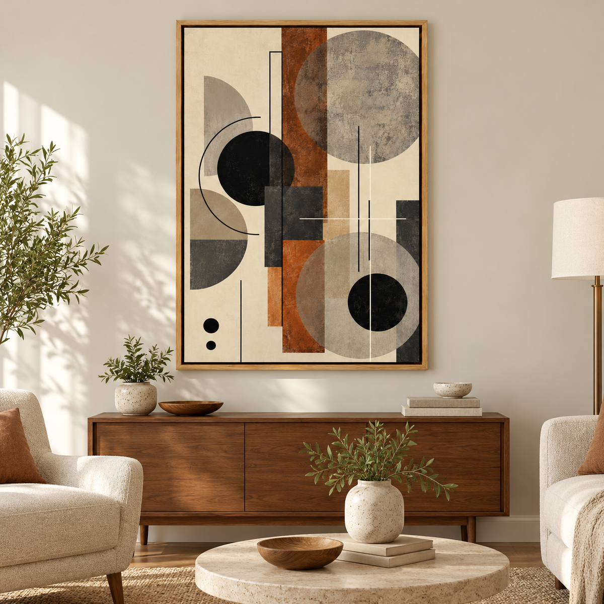 Neutral Circles Geometric Collage — Brown Frame room scene | AUSJOJO