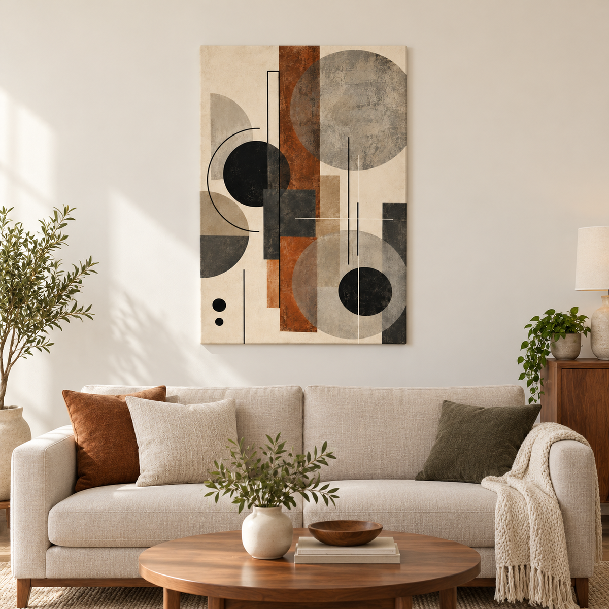 Neutral Circles Geometric Collage — Stretched Canvas room scene | AUSJOJO