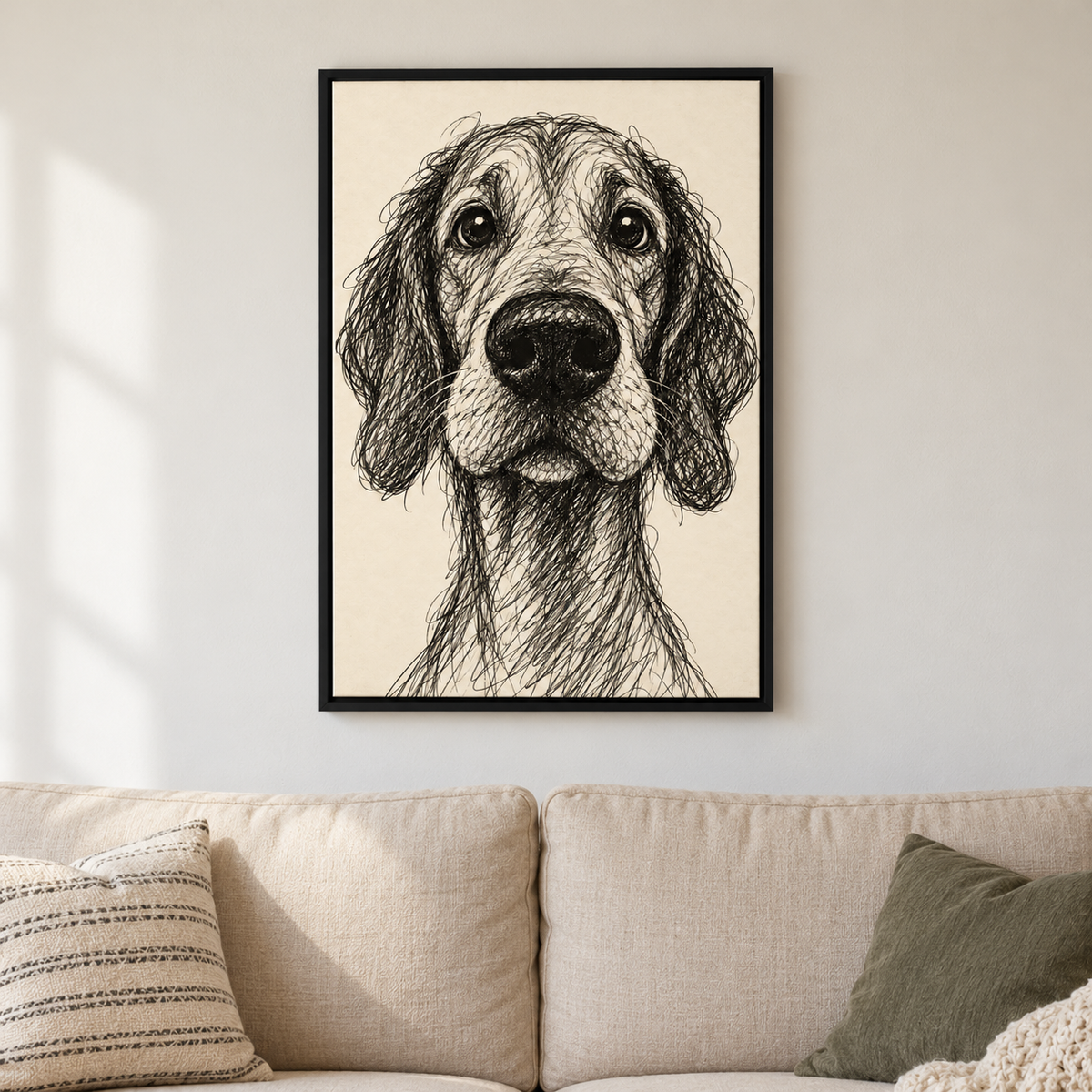 Earnest Scribble Dog Portrait — Black Frame room scene | AUSJOJO