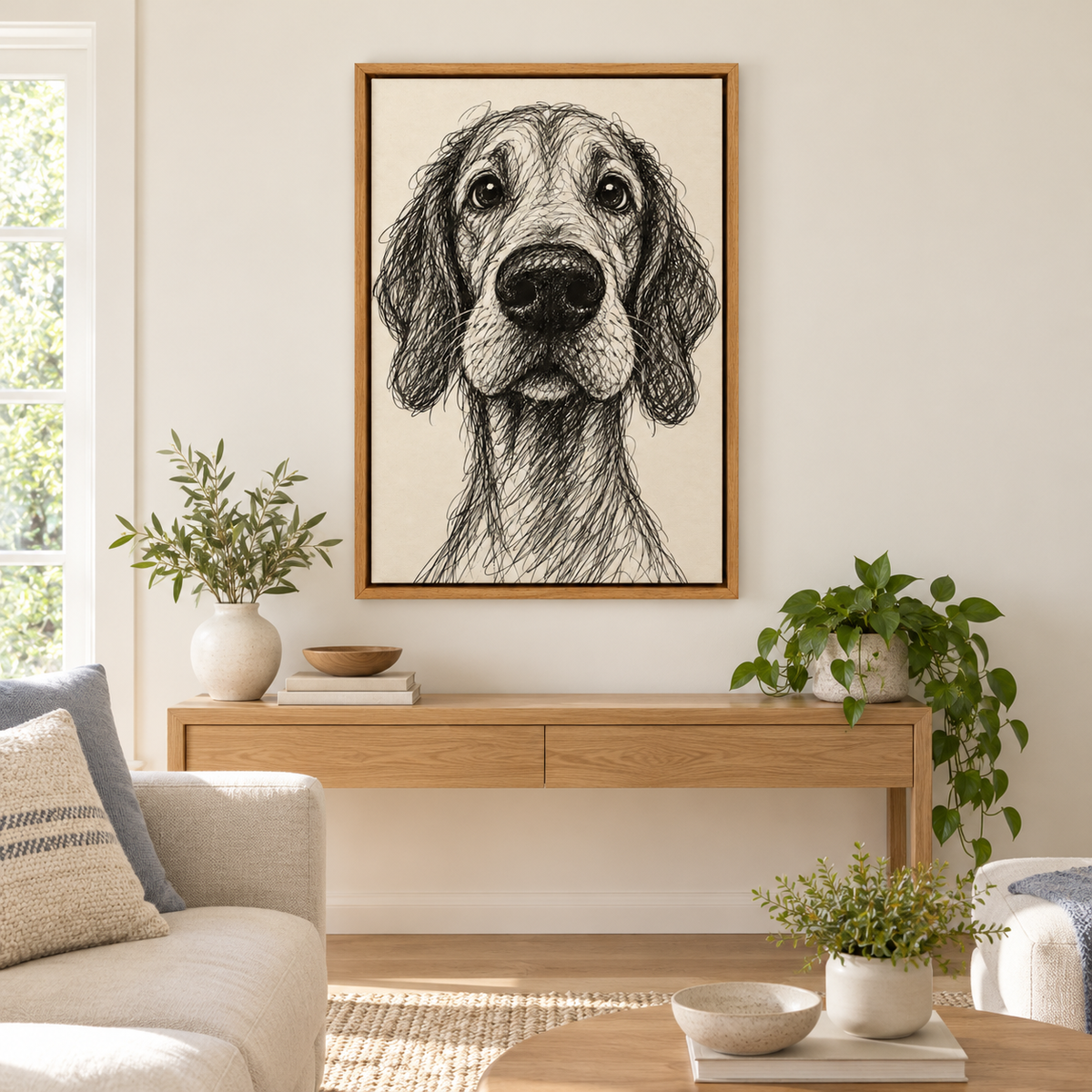 Earnest Scribble Dog Portrait — Brown Frame room scene | AUSJOJO