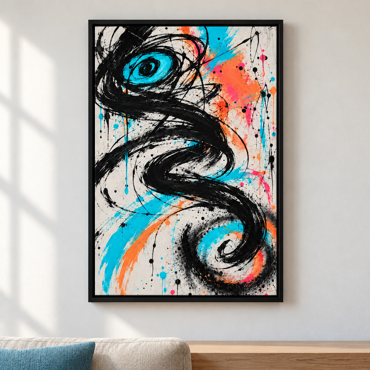 Black Serpentine Graffiti Abstract — Black Frame room scene | AUSJOJO
