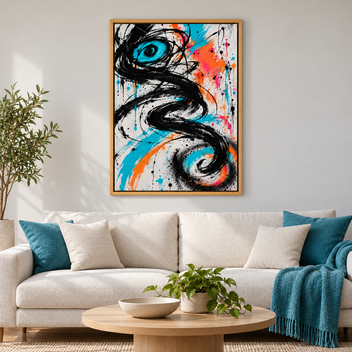 Black Serpentine Graffiti Abstract — Brown Frame room scene | AUSJOJO