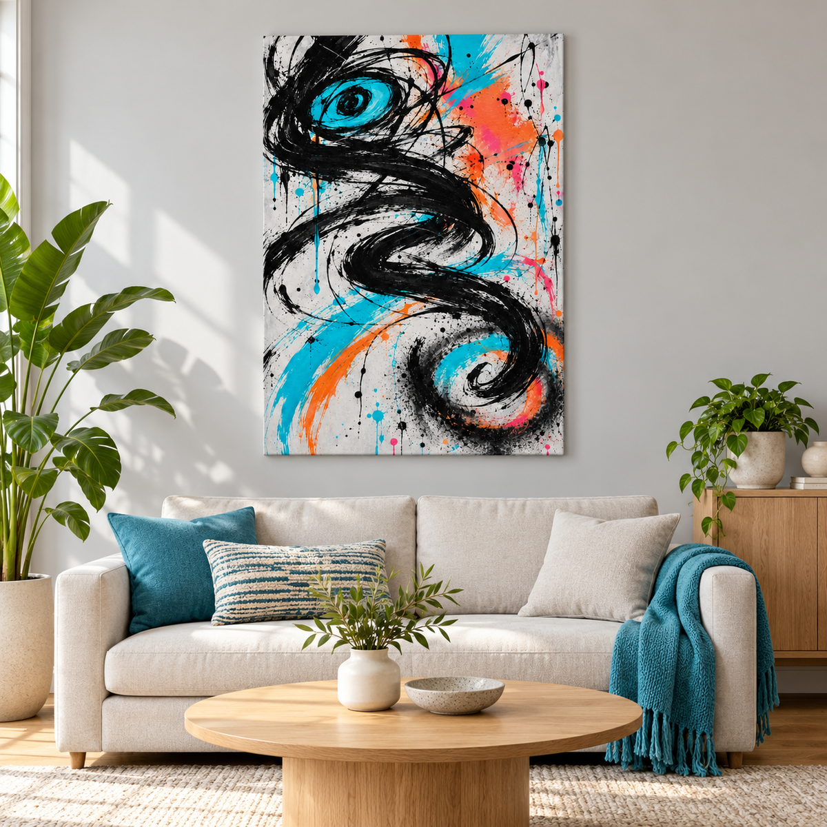 Black Serpentine Graffiti Abstract — Stretched Canvas room scene | AUSJOJO