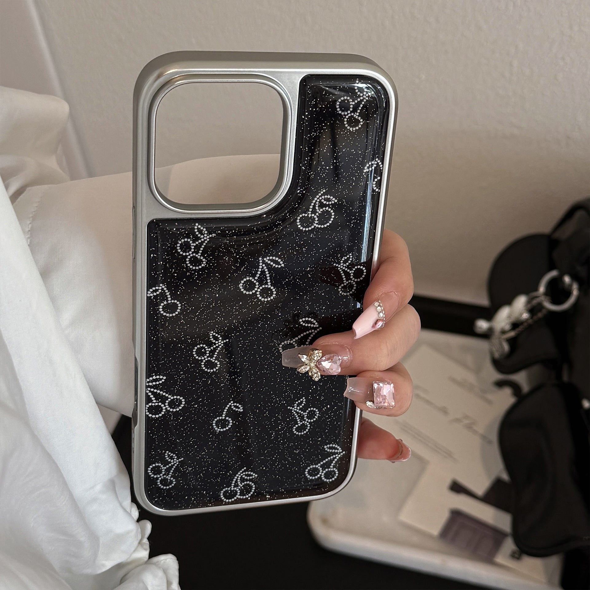 Black Cherry Glitter Phone Case for iPhone 14 Pro Max