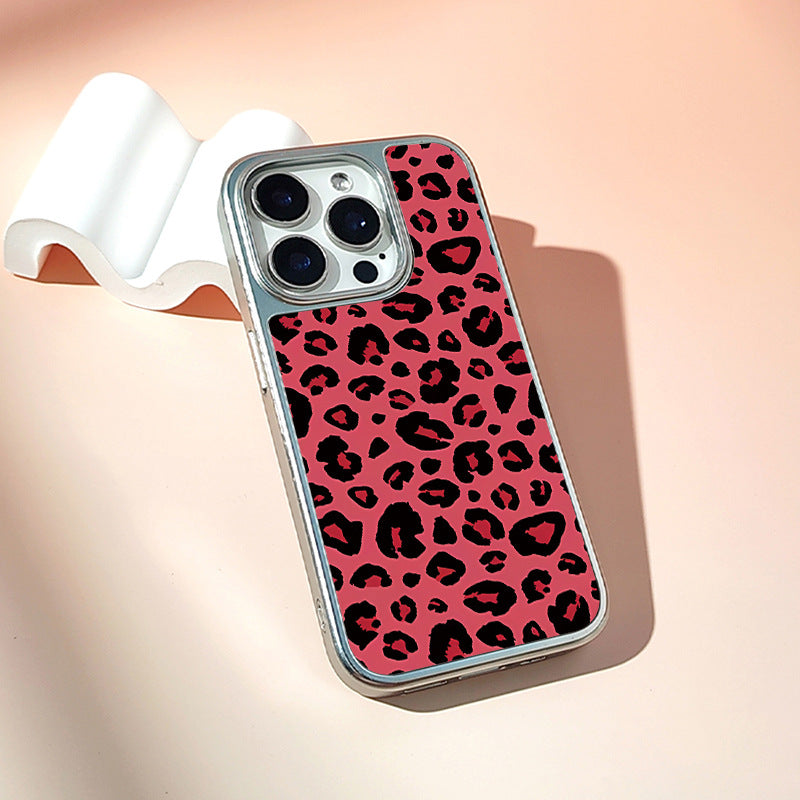 Crimson Red Leopard iPhone 14 Pro Max Case - Frosted Electroplated Silver Crystal Ceramic Shell