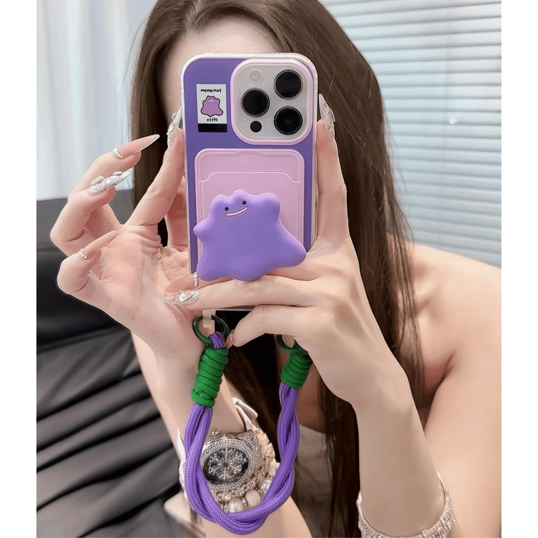 Cute Purple Monster Phone Case with Card Holder & Detachable Lanyard for iPhone 16 Pro Max