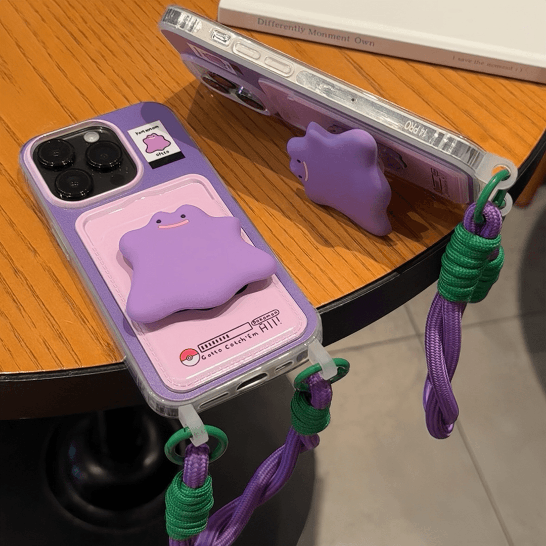 Cute Purple Monster Phone Case with Card Holder & Detachable Lanyard for iPhone 16 Pro Max