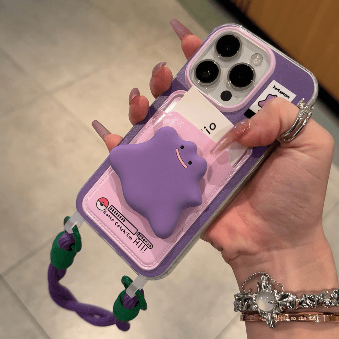 Cute Purple Monster Phone Case with Card Holder & Detachable Lanyard for iPhone 16 Pro Max