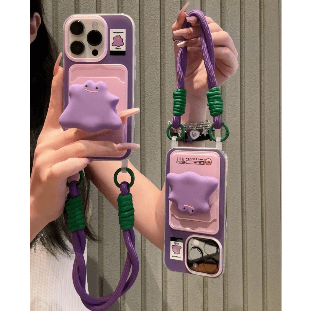 Cute Purple Monster Phone Case with Card Holder & Detachable Lanyard for iPhone 16 Pro Max