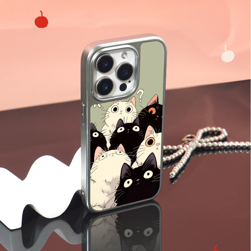 Electroplated Silver iPhone 16 Pro Max Case - Glossy Cat Design & Scratch-Resistant