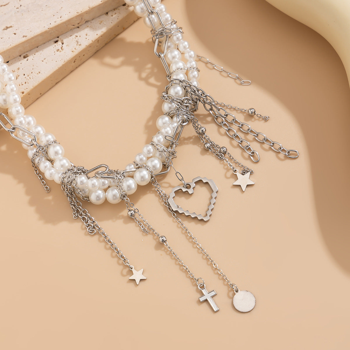 French Elegance Pearl Bead Necklace with Heart Fringe Chain - Y2K Dainty Layering Choker Jewelry for Women