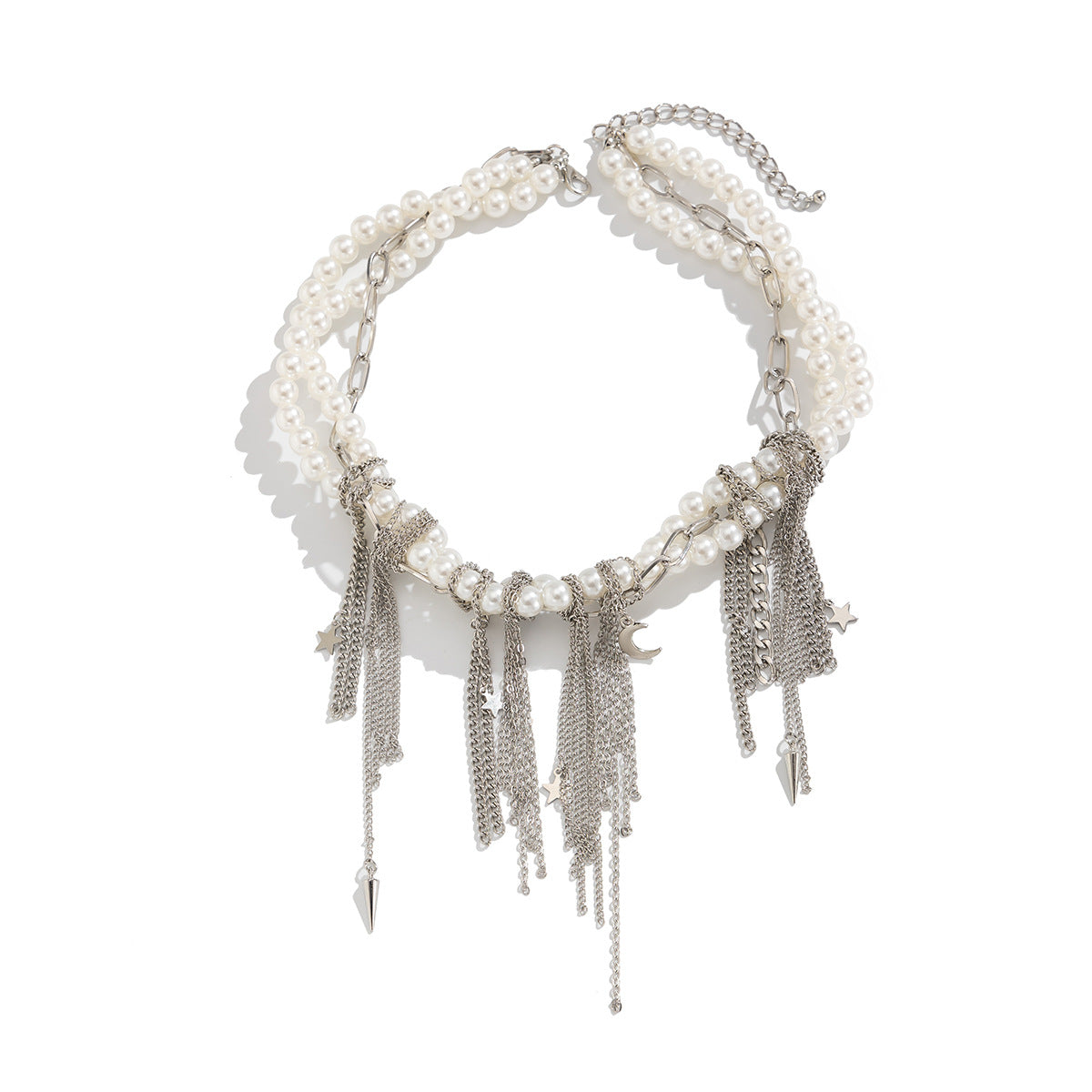 French Elegance Pearl Bead Necklace with Heart Fringe Chain - Y2K Dainty Layering Choker Jewelry for Women