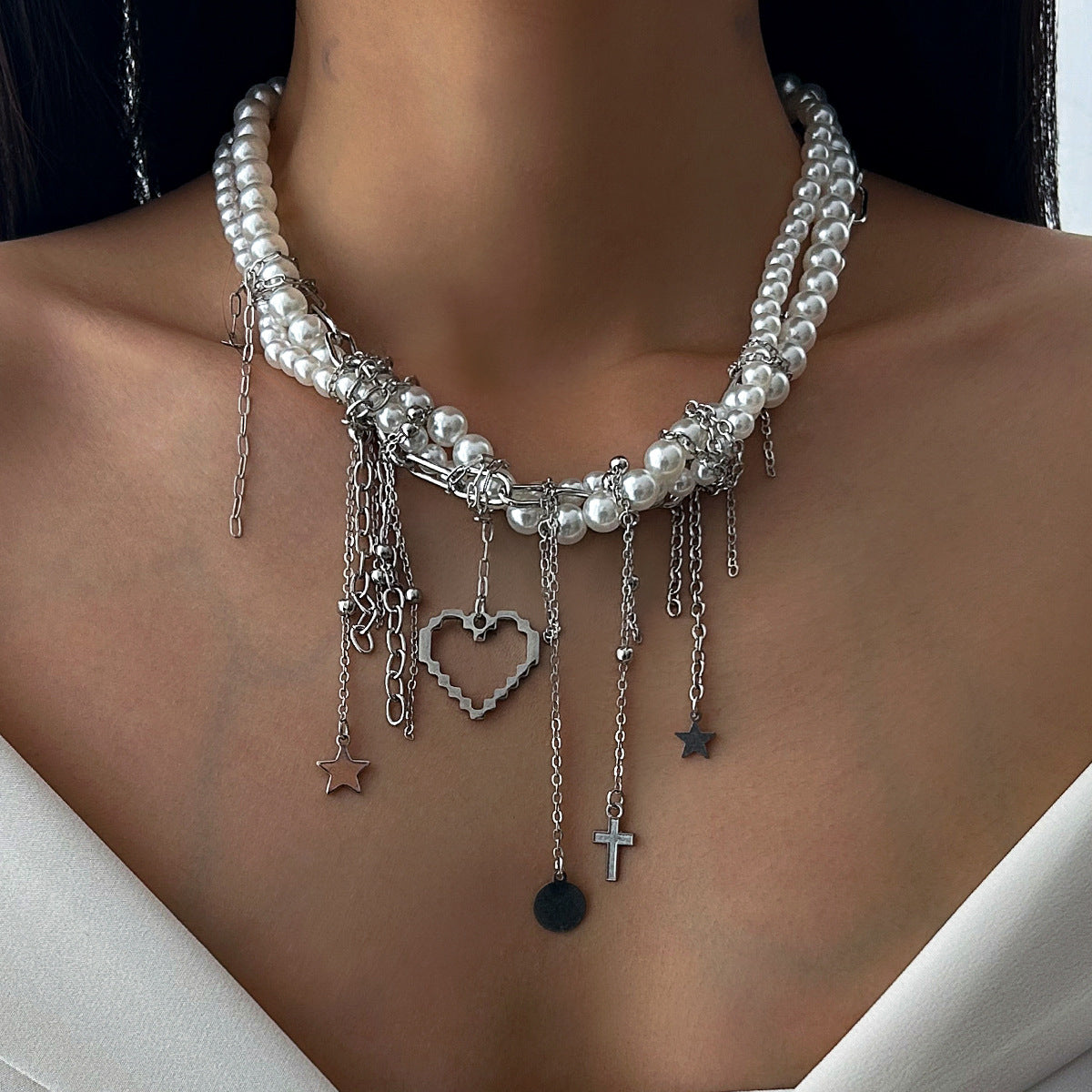 Collar de perlas de estilo francés con cadena de flecos de corazón - Gargantilla delicada con capas Y2K para mujer