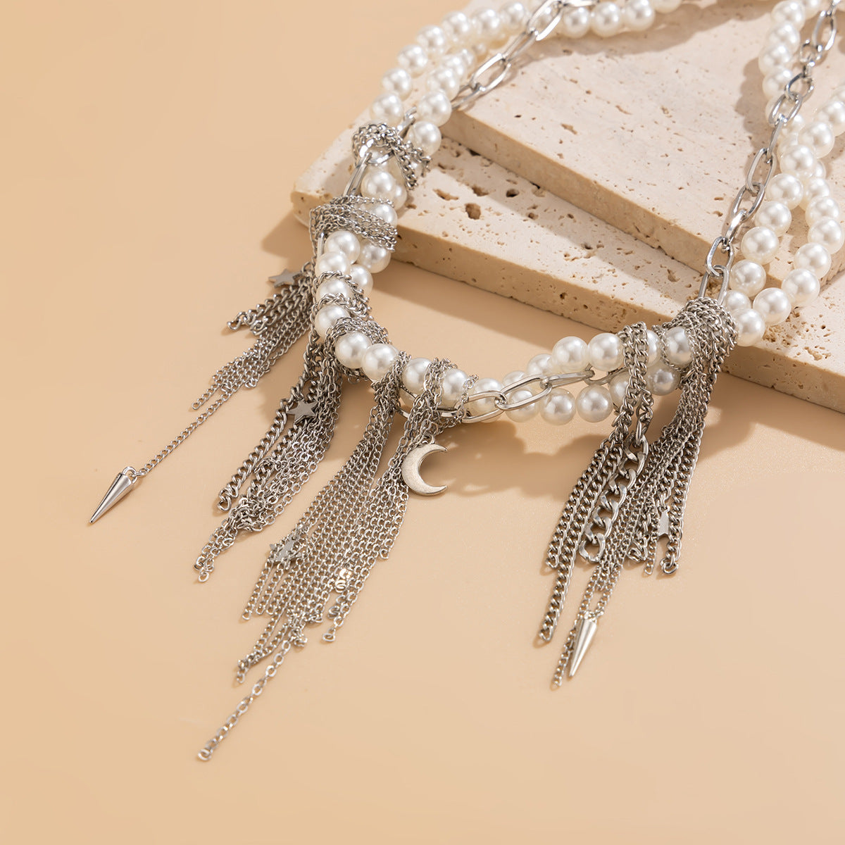 French Elegance Pearl Bead Necklace with Heart Fringe Chain - Y2K Dainty Layering Choker Jewelry for Women