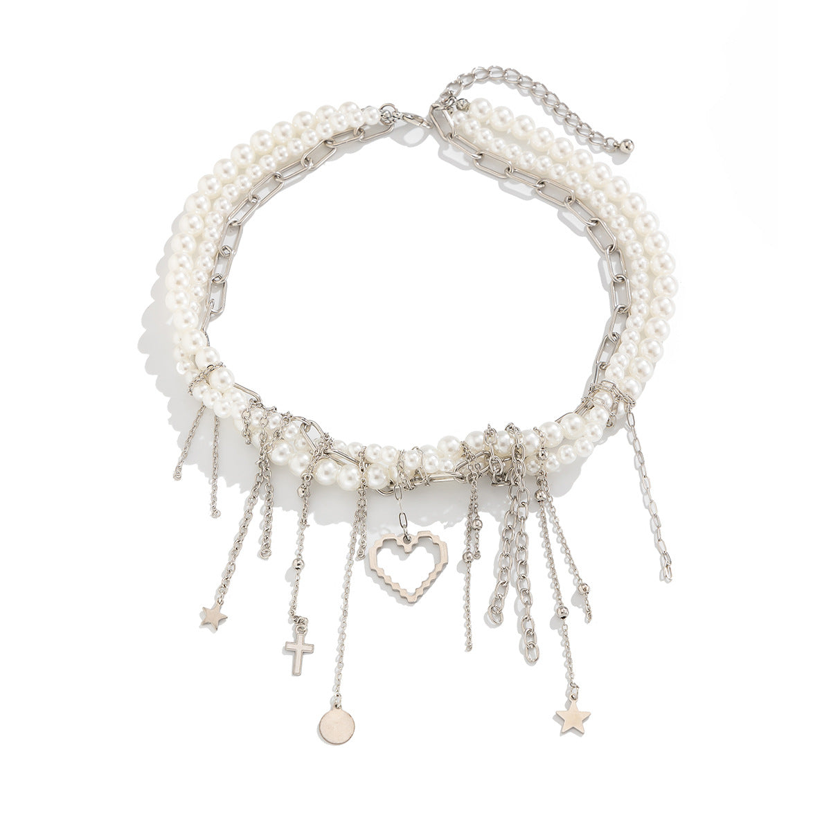 French Elegance Pearl Bead Necklace with Heart Fringe Chain - Y2K Dainty Layering Choker Jewelry for Women