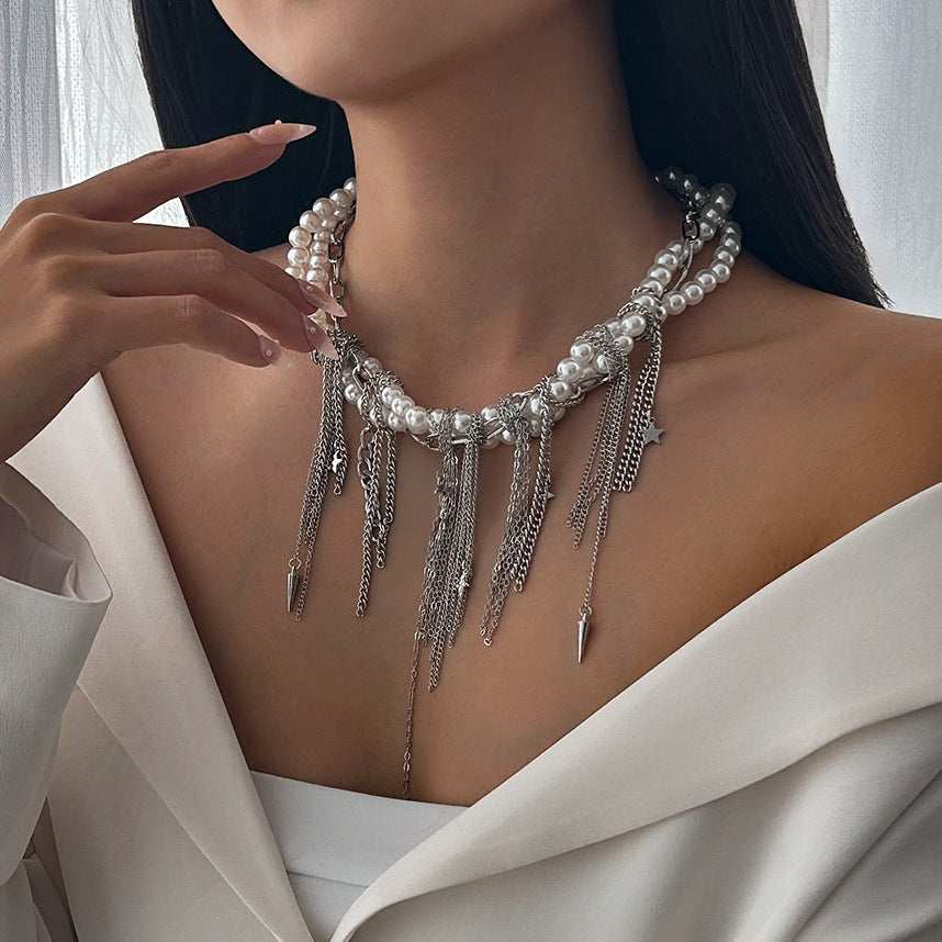 French Elegance Pearl Bead Necklace with Heart Fringe Chain - Y2K Dainty Layering Choker Jewelry for Women