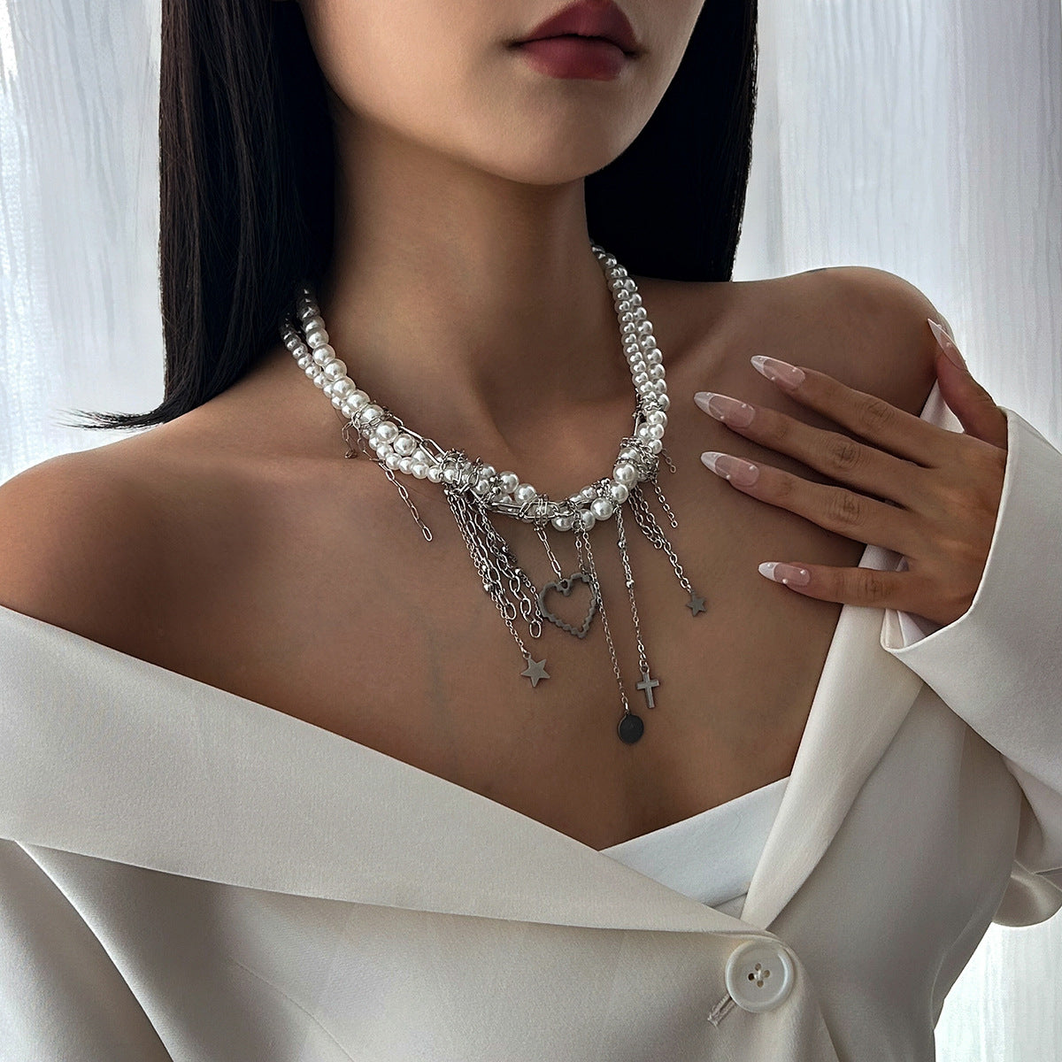 French Elegance Pearl Bead Necklace with Heart Fringe Chain - Y2K Dainty Layering Choker Jewelry for Women
