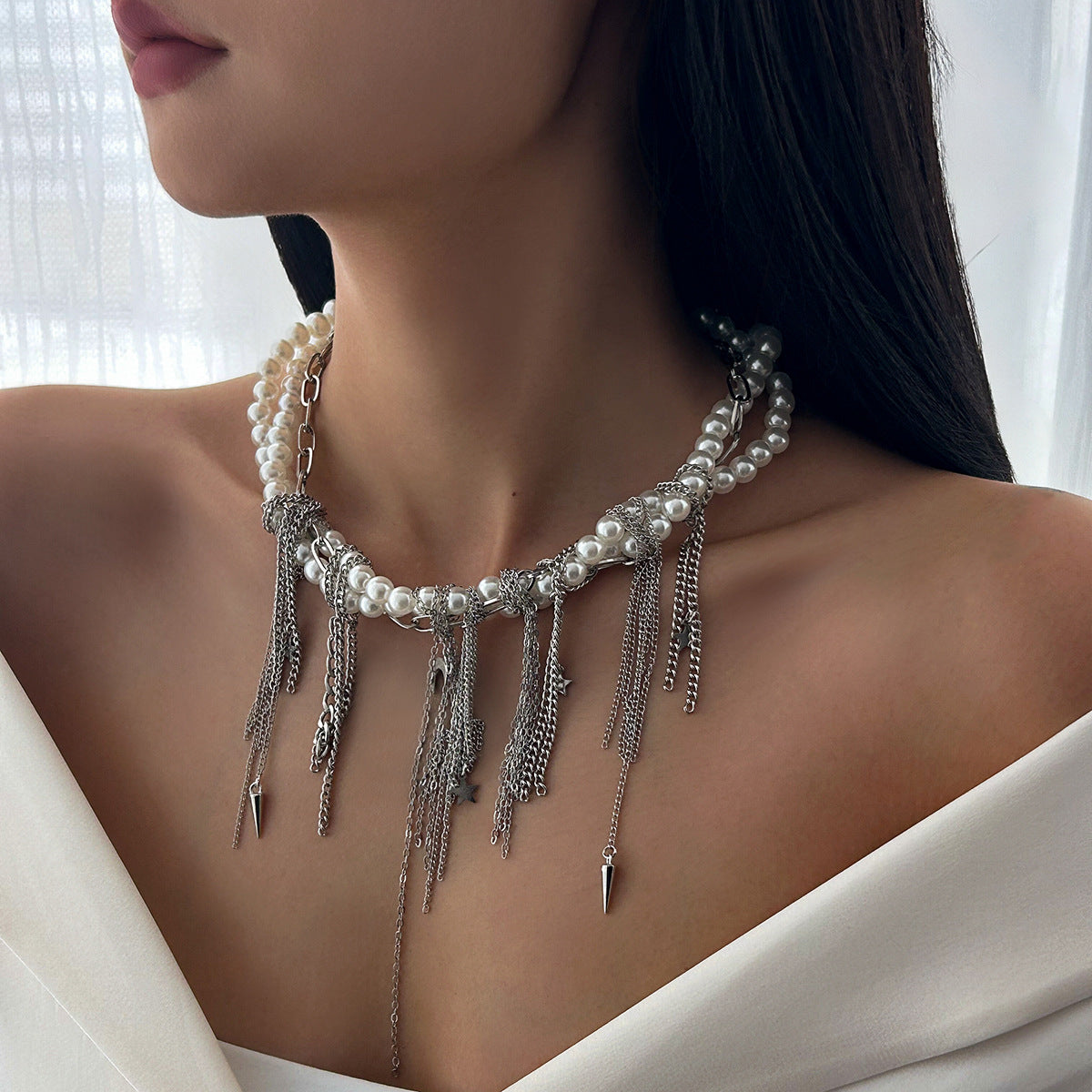 French Elegance Pearl Bead Necklace with Heart Fringe Chain - Y2K Dainty Layering Choker Jewelry for Women
