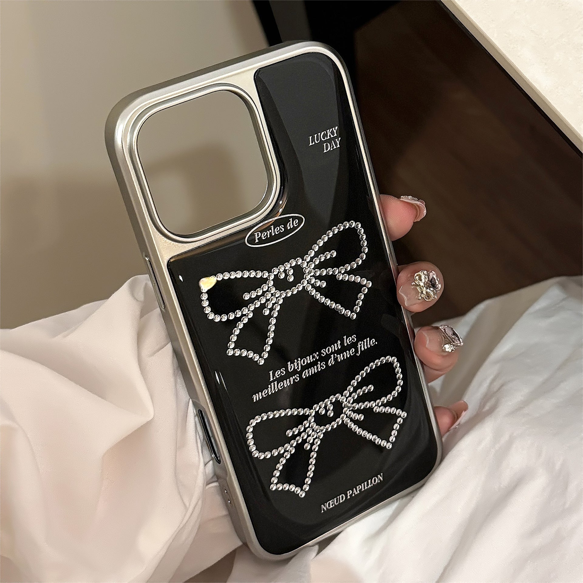 Gold Foil Bow Glitter iPhone 15 Pro Max Case – Slim Shockproof TPU Cover with 3D Buttons